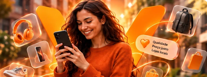 Ilustração: pessoa sorrindo ao usar o celular, cercada por ícones de produtos como fone de ouvido, tênis, mochila e sacolas.